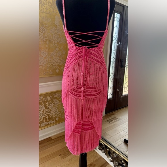 Splendid V-neckline Frilled Bodycon Tea-length Dress by Jovani Hot Pink Size 6 - Picture 9 of 15